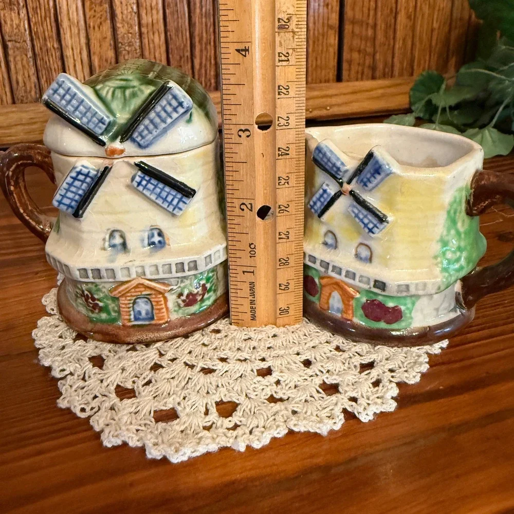 Vintage Dutch Windmill Ceramic Sugar Bowl and Creamer Set Japan Good 2pc